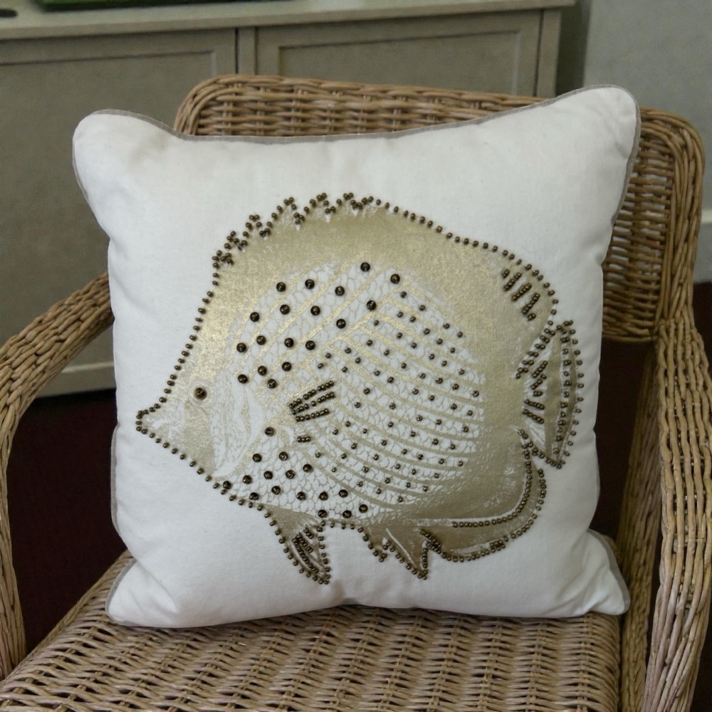 Pier 1 Gold Beaded Goldfish Throw Pillow Nautical Beach
